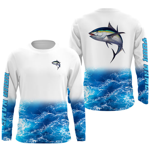 Tuna fishing blue sea wave water camo Custom Name performance long sleeve fishing shirts uv protection NQS3679