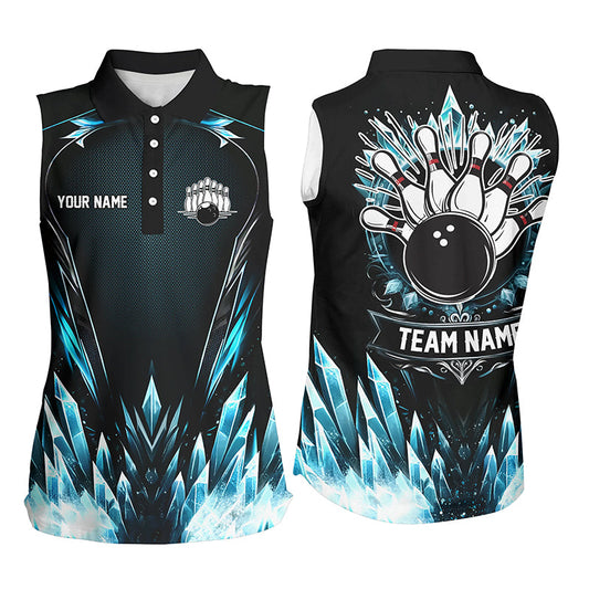 Icy Blue Light Women sleeveless Polos shirt Custom black team bowling jerseys, gift for girl bowlers NQS7212
