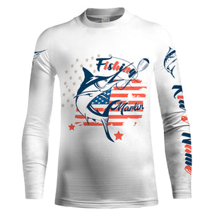 Marlin fishing American flag patriot 4th July Customize name long sleeves UV protection fishing shirts NQS2032