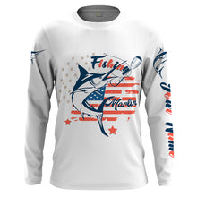 Load image into Gallery viewer, Marlin fishing American flag patriot 4th July Customize name long sleeves UV protection fishing shirts NQS2032