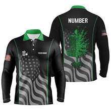 Load image into Gallery viewer, Green black American flag Mens disc golf polo shirt custom name, number patriotic disc golf jersey NQS6250