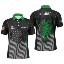 Load image into Gallery viewer, Green black American flag Mens disc golf polo shirt custom name, number patriotic disc golf jersey NQS6250