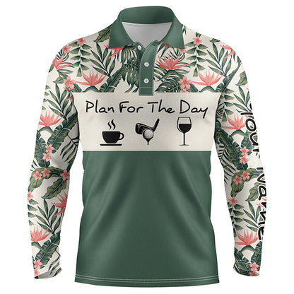 Mens golf polo shirt plan for the day coffee golf wine custom name tropical green leaves golf shirt NQS3998