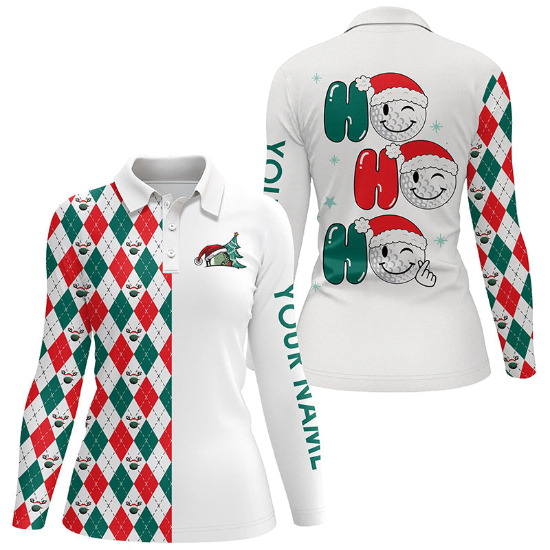 Christmas golf ball Ho Ho Ho Womens golf polo shirt custom red, white, green argyle pattern golf gift NQS6725