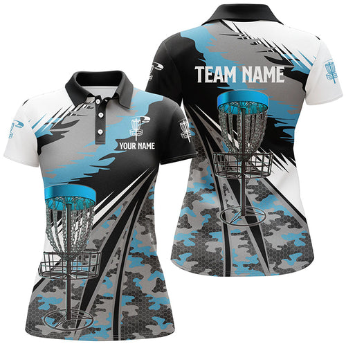 Women disc golf polo shirts custom blue camo disc golf basket team disco golf outfit NQS6256