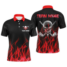 Load image into Gallery viewer, Black Mens golf polo shirts custom red flame skull golf clubs, personalized golf gifts for men NQS6258