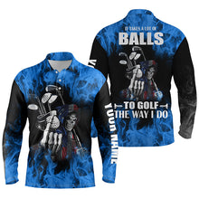 Load image into Gallery viewer, Mens golf polo shirts custom name blue flame golf skull it takes a lot of ballsto golf the way I do NQS4467