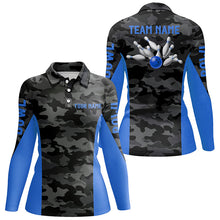 Load image into Gallery viewer, Women bowling polo shirts Custom gray camo Bowling Team Jersey, Bowling Team League Shirt | Blue NQS7095