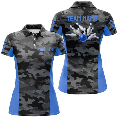 Women bowling polo shirts Custom gray camo Bowling Team Jersey, Bowling Team League Shirt | Blue NQS7095