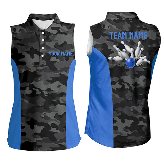 Women sleeveless polo shirts Custom gray camo Bowling Team Jersey, Bowling Team League Shirt | Blue NQS7095