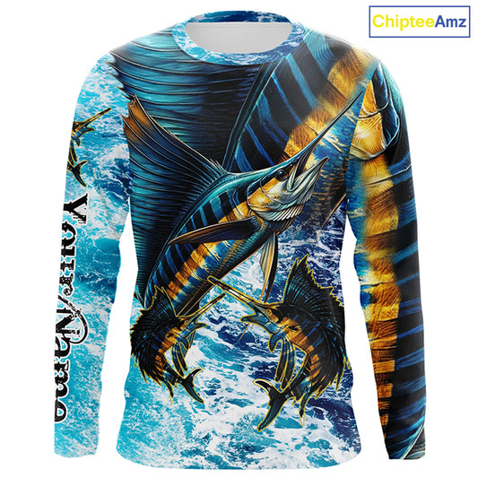 Sailfish fishing scales blue sea water camo Custom UV protection performance long sleeve fishing shirt NQS7097