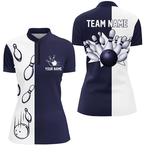 Navy Blue and white retro vintage Bowling Quarter Zip shirts for women custom Bowling team jerseys NQS6480