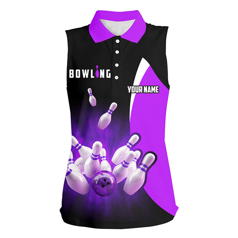 Custom bowling shirts retro black purple Bowling sleeveless polo shirts for women, Bowling team jersey NQS6937