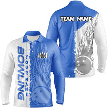 Load image into Gallery viewer, Mens Bowling polo shirts Custom white and blue flame Bowling ball and pins bowling Team league Jerseys NQS7103