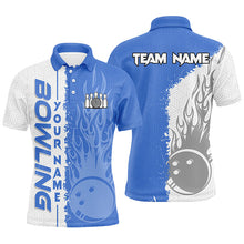 Load image into Gallery viewer, Mens Bowling polo shirts Custom white and blue flame Bowling ball and pins bowling Team league Jerseys NQS7103