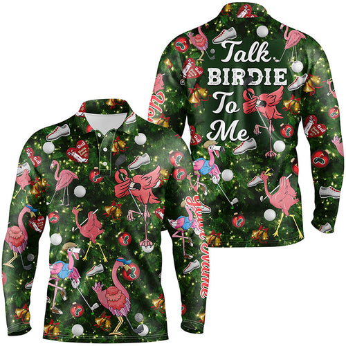 Funny Mens golf polo shirt custom green Christmas tree flamingo golf shirts talk birdie to me NQS6747