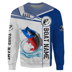 Texas Bass Fishing Texas Flag Custom name and boat name performance Hoodie, Sweatshirt Fishing Shirts, Patriotic Fishing gifts NQS2321