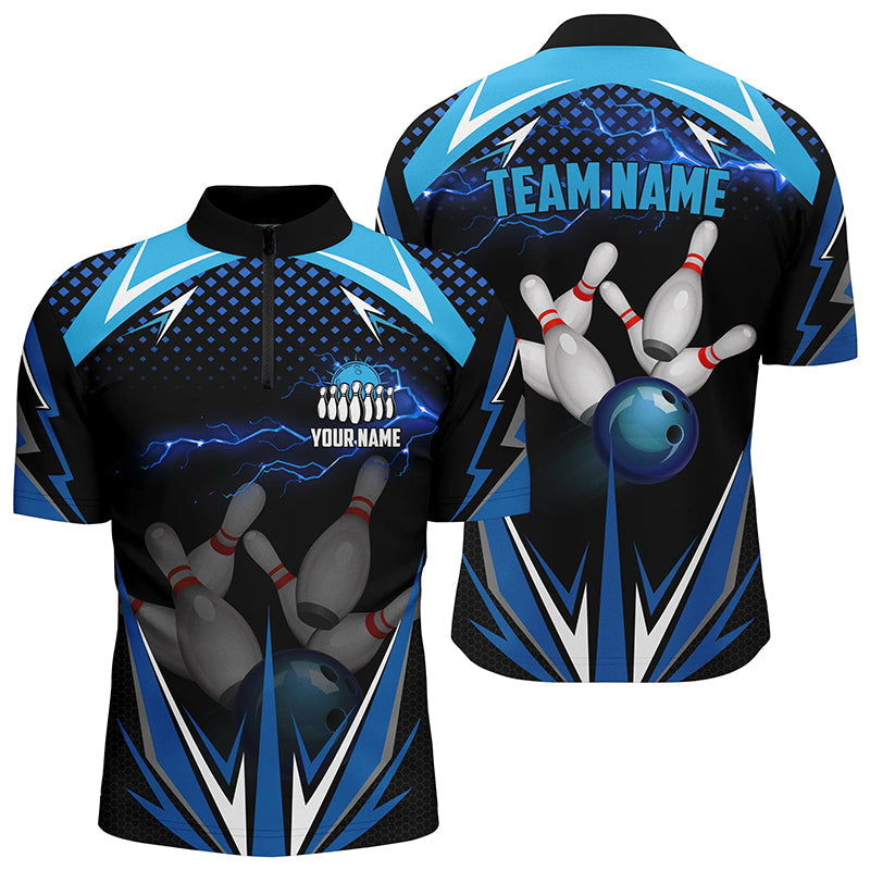 Black Men Bowling Quarter-Zip Shirt Custom blue lightning team Mens Bowlers Jerseys bowling outfits NQS6506