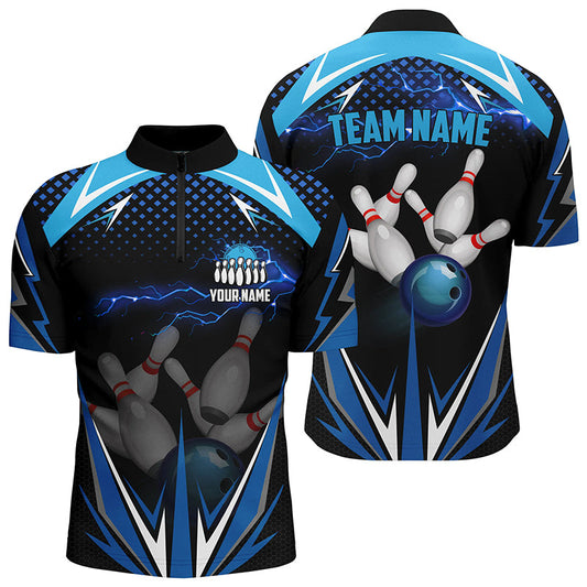 Black Men Bowling Quarter-Zip Shirt Custom blue lightning team Mens Bowlers Jerseys bowling outfits NQS6506