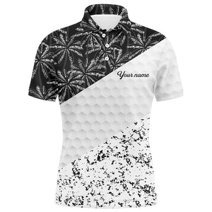 Mens golf polo shirts custom black tropical palm tree white golf shirt, golf apparel for mens NQS7116