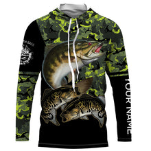 Load image into Gallery viewer, Smallmouth Bass fishing black green camo custom name sun protection long sleeve fishing shirts NQS3869