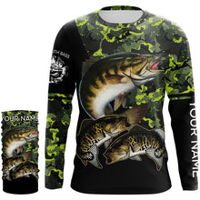 Load image into Gallery viewer, Smallmouth Bass fishing black green camo custom name sun protection long sleeve fishing shirts NQS3869