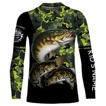 Load image into Gallery viewer, Smallmouth Bass fishing black green camo custom name sun protection long sleeve fishing shirts NQS3869