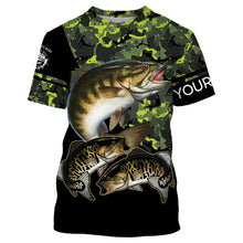 Load image into Gallery viewer, Smallmouth Bass fishing black green camo custom name sun protection long sleeve fishing shirts NQS3869