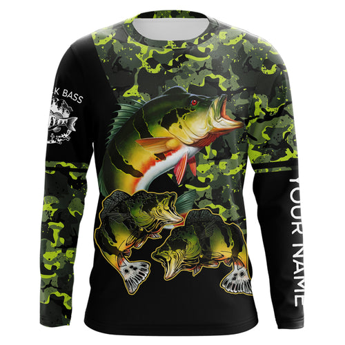 Peacock Bass fishing black green camo custom name sun protection long sleeve fishing shirts NQS3870