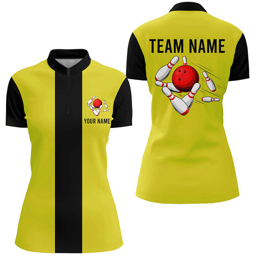 Personalized Yellow Black Retro Bowling Quarter Zip shirt For women custom vintage bowling team jersey NQS6981