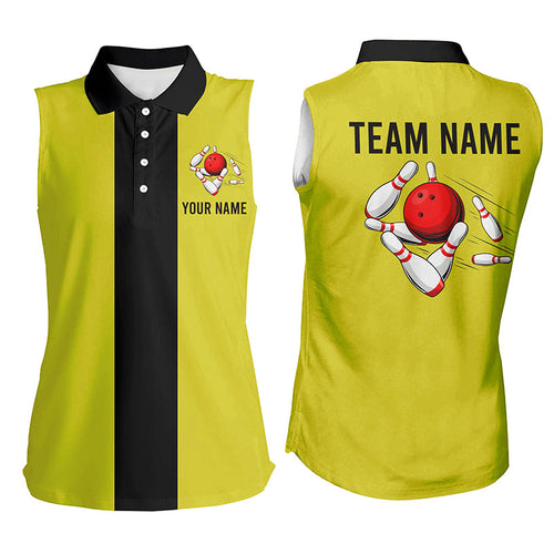 Personalized Yellow Black Retro Bowling sleeveless polo shirt For women, vintage bowling team jerseys NQS6981