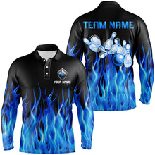 Load image into Gallery viewer, Personalized Men polo Bowling Shirt Blue Flame Bowling Ball Pins bowling jerseys for men Bowler NQS6982