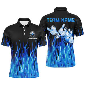 Personalized Men polo Bowling Shirt Blue Flame Bowling Ball Pins bowling jerseys for men Bowler NQS6982