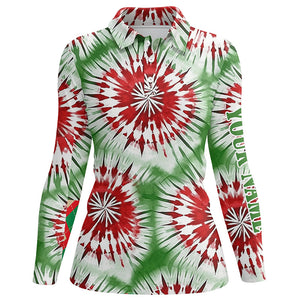 Green, red and white Christmas tie dye pattern Womens golf polo shirts custom golf tops for ladies NQS6529