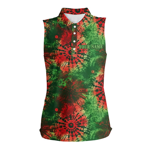 Green and red Christmas tie dye pattern Womens sleeveless polos custom golf tops for ladies NQS6530