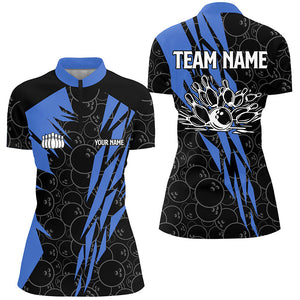 Black bowling camo Womens bowling Quarter Zip shirt Custom bowling strike team league jersey | Blue NQS6771