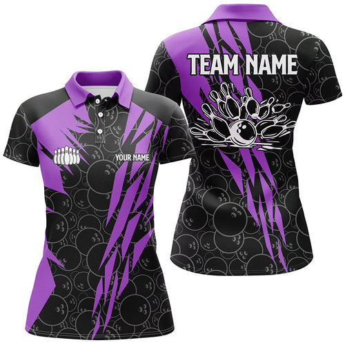 Black bowling camo Women bowling polo shirt Custom bowling strike team league jerseys | Purple NQS6773