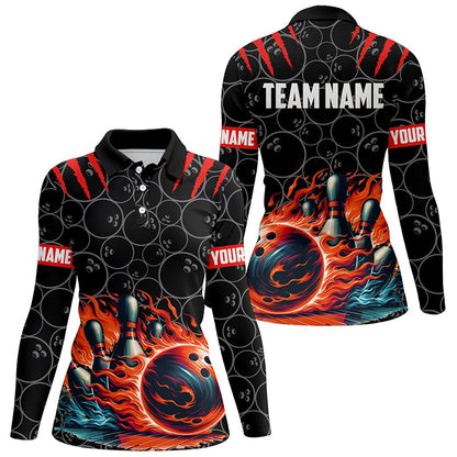 Women bowling polo shirts Custom black red flame bowling shirt, Bowling Team Jerseys gift for bowlers NQS7126