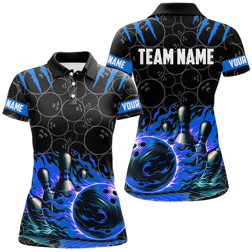 Women bowling polo shirts Custom black blue flame bowling shirt, Bowling Team Jerseys gift for bowlers NQS7127