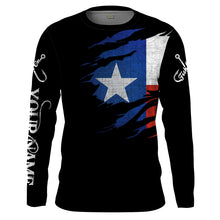 Load image into Gallery viewer, TX fishing fish on black Texas flag Customize name long sleeves fishing shirts NQS1582