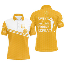 Load image into Gallery viewer, Mens golf polo shirt swing swear drink repeat custom name yellow and white golf tops for mens NQS6991
