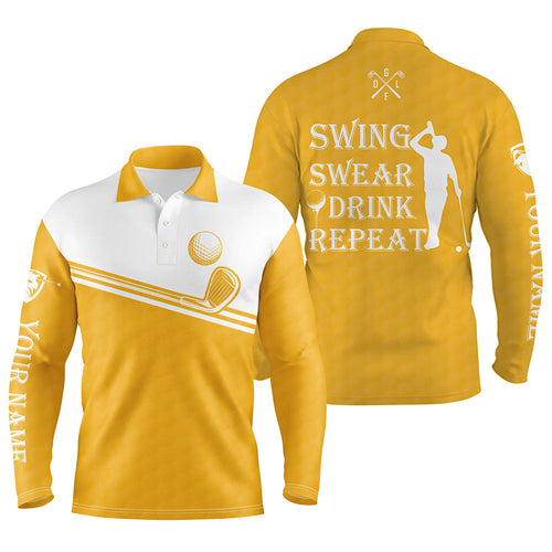 Mens golf polo shirt swing swear drink repeat custom name yellow and white golf tops for mens NQS6991