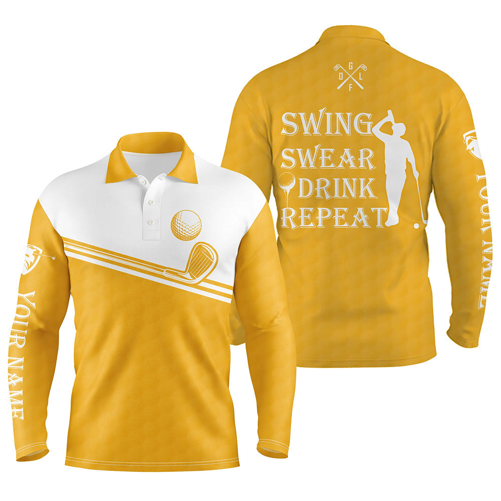 Mens golf polo shirt swing swear drink repeat custom name yellow and white golf tops for mens NQS6991