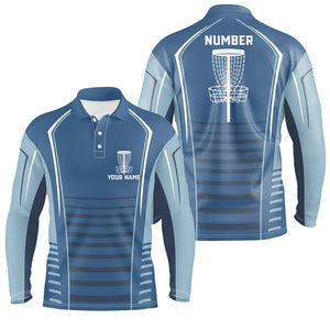 Mens disc golf polo shirts custom blue pattern disc golf basket, personalized disc golf outfit NQS7249