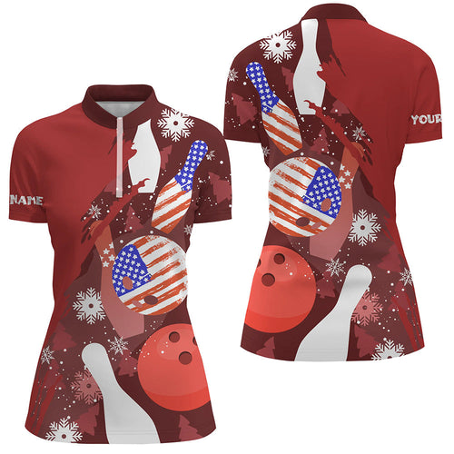 Personalized Christmas American flag women Bowling Quarter Zip shirt custom red bowling team jerseys NQS6805