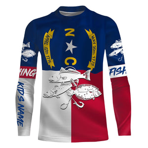 Inshore Slam Flounder, Redfish, Speckled Trout fishing North Carolina State Flag custom name 3D All Over print fishing shirts NQS440