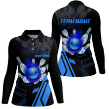 Load image into Gallery viewer, Black flame bowling ball and pins jerseys Custom Team League Bowling Polo Shirts For Women | Blue NQS6557