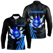 Load image into Gallery viewer, Black flame bowling ball and pins jerseys Custom Team League Bowling Polo Shirts For Men | Blue NQS6557
