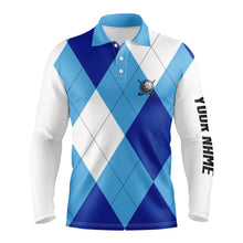 Load image into Gallery viewer, Mens golf polos shirts custom name blue and white golf pattern, personalized golf gifts NQS4516