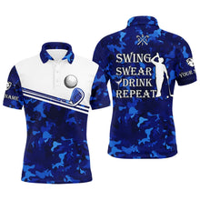 Load image into Gallery viewer, Mens golf polo shirt swing swear drink repeat custom name blue camo white men golf shirts NQS4883